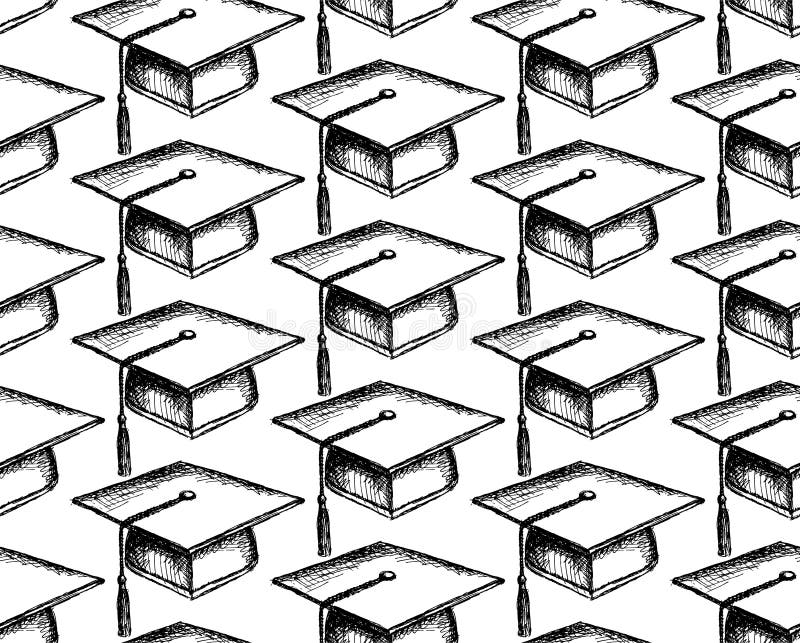 Sketch graduation cap, seamless pattern in vintage style. Graduation hat sketch illustrations