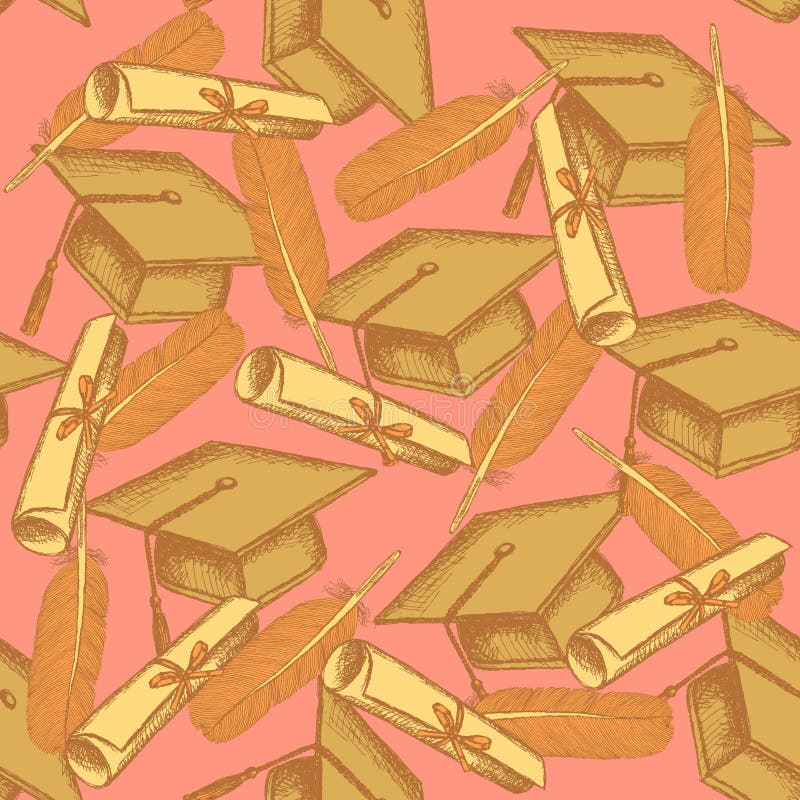 Sketch graduation hat, diploma scroll with ribbon and feather pen. Graduation hat sketch vectors