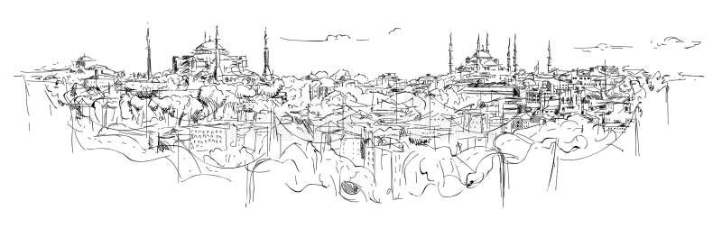 Sketch hand drawing panoramic istanbul silhouette
