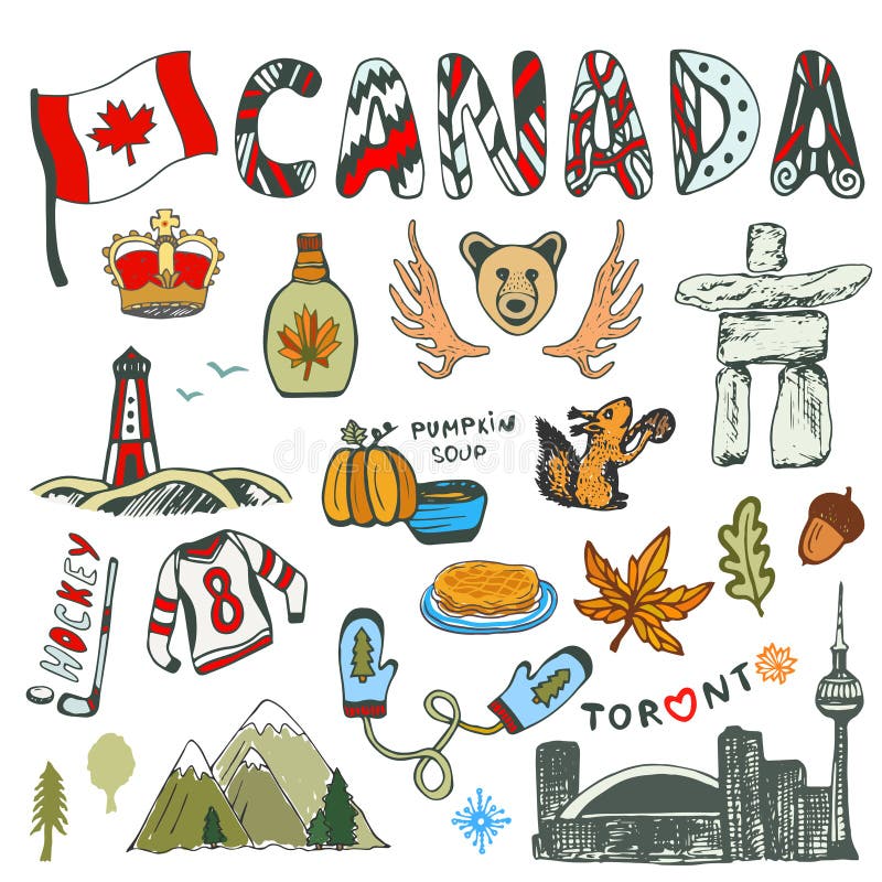 Náčrt ručne ťahané zbierky Kanada symboly.