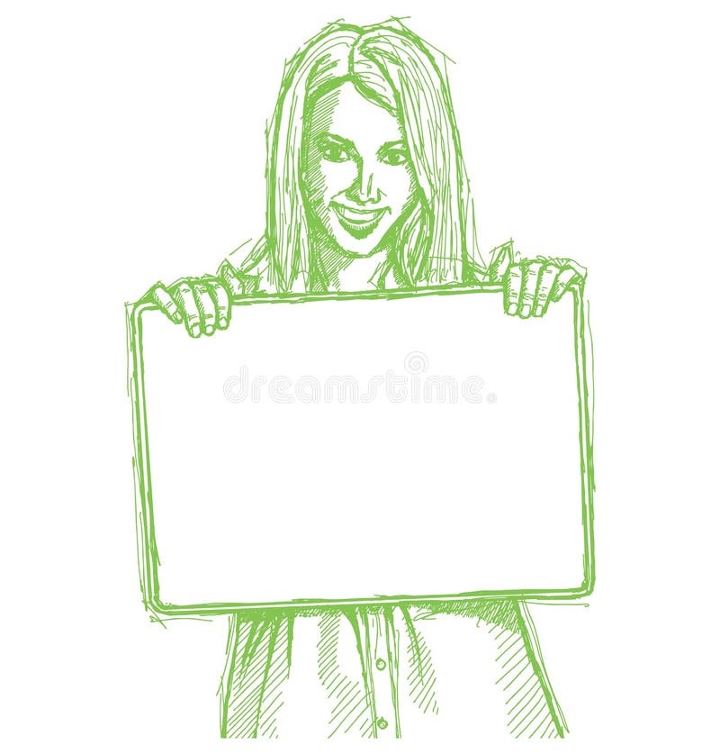 Sketch happy business woman holding blank card