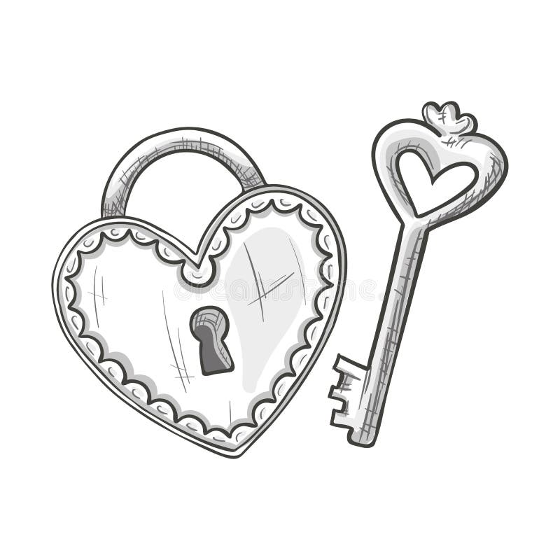 Sketch heart shape lock and key. 