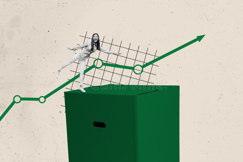 Sketch image trend artwork montage photo collage of target trader business charts stats young lady stand carton box arrow graphics success. Graphics way stock images, royalty-free photos and pictures