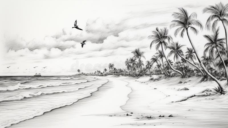 Sketch iperrealistico di matite bianco e nero sulla spiaggia con palme illustrazione di stock