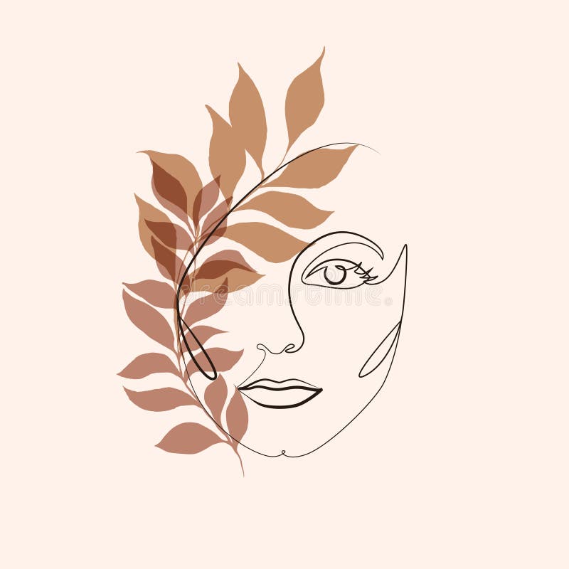 Sketch lineare astratto e minimistico. viso femminile. disegno a mano con illustrazione vettoriale con foglie di pianta. superfici royalty illustrazione gratis