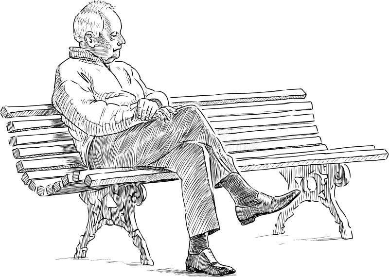 Sketch of lonely old man sitting in brooding on park bench. 