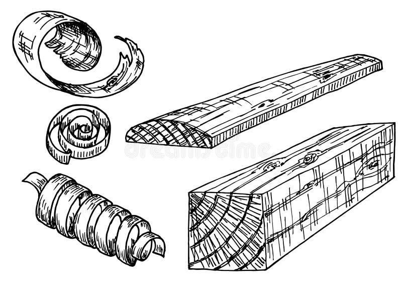 Sketch lumber. Wood logs, shavings, planks. Forestry construction materials hand drawn set