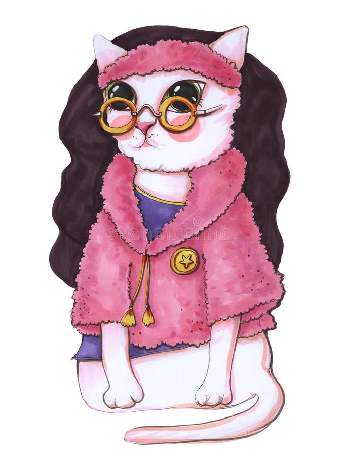 Sketch with markers cartoon children`s style funny character lovely white cat in warm pink clothes and glasses sitting close-up