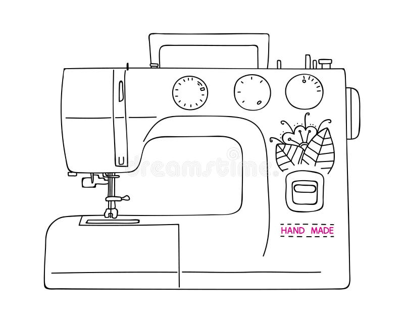 Sketch of Modern Electric Sewing Machine. Tailor Equipment in Hand
