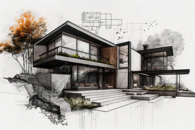 Sketch of Modern House, with Details and Elements Highlighted in Black