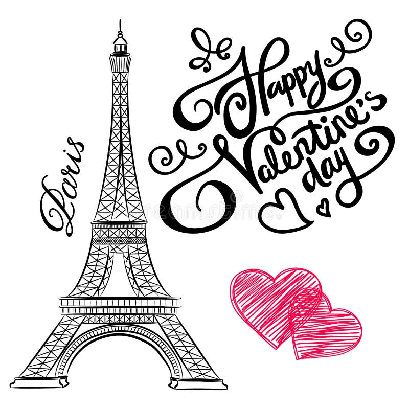 Sketch of Paris, Eiffel Tower with hearts