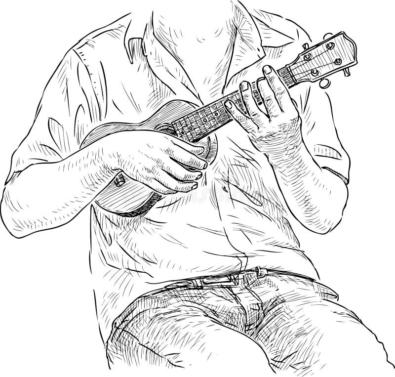 Sketch Of Person Sitting And Playing The Ukulele Stock