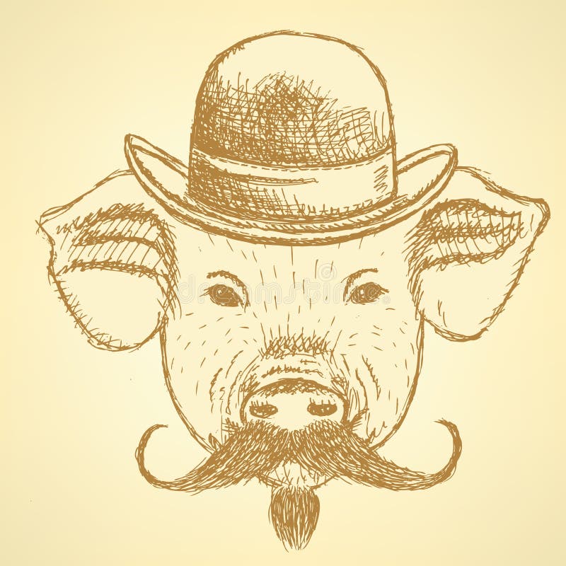 Sketch pig in hat with mustche, vector ackground