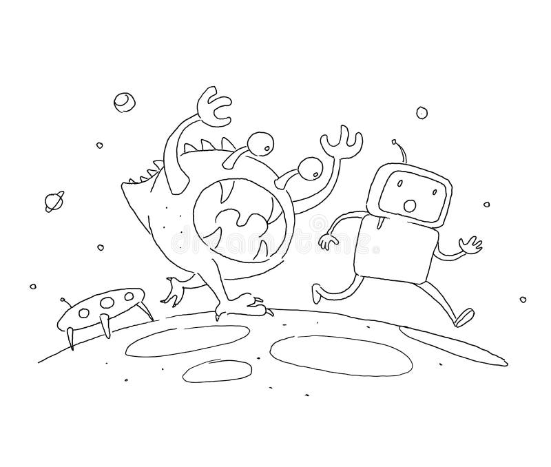 Sketch robot male character, an astronaut escapes runs from a monster on another planet. 404 error not page. Hand drawn royalty free illustration Sketch robot male character, an astronaut escapes runs from a monster on another planet. 404 error not page. Hand drawn royalty free illustration