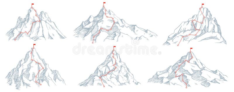 Sketch route to mountain peak. Hand drawn sketch mountains, path to top and climbing journey plan vector illustration