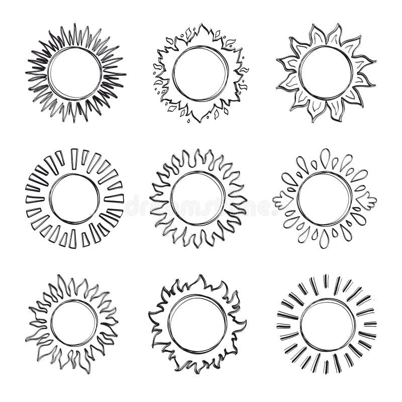 Sketch sun, Hand drawn sunshine symbols. Cute vector doodle suns