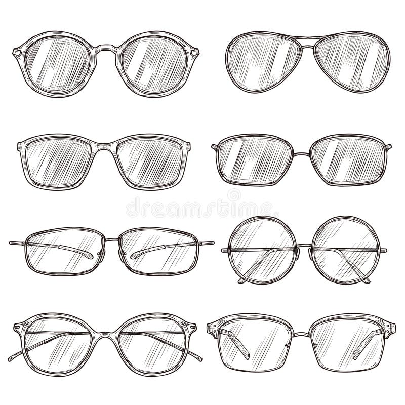 Sketch sunglasses. Hand drawn eyeglass frames, doodle eyewear. Male and female glasses isolated fashion vector vintage