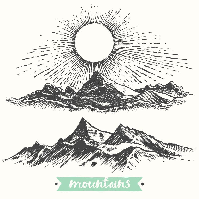 Sketch sunrise mountains engraving drawn vector. Sketch of a mountains, sunrise in mountains, engraving style, hand drawn vector illustration royalty free illustration Sketch sunrise mountains engraving drawn vector. Sketch of a mountains, sunrise in mountains, engraving style, hand drawn vector illustration royalty free illustration