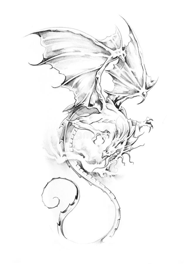 Sketch Of Tattoo Art, Dragon Stock Illustration