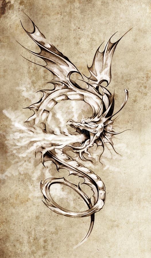 Sketch of Tattoo Art, Decorative Dragon Stock Illustration ...