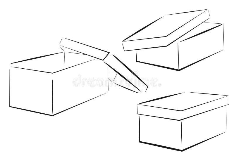 Sketch of Three Perspective Shoe Box, at White Background Stock Vector