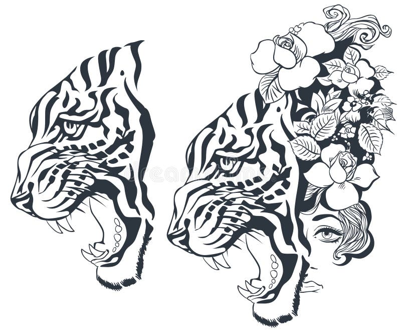 Sketch of Tiger and Girl Tattoo. Illustration for Internet and Mobile Website Stock Vector - Illustration of hipster, indian: 210525781 Sketch of Tiger and Girl Tattoo. Illustration for Internet and Mobile Website Stock Vector - Illustration of hipster, indian: 210525781