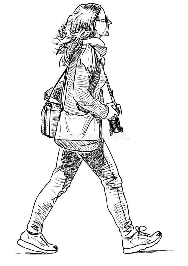 Sketch of tourist girl with camera striding along street vector illustration