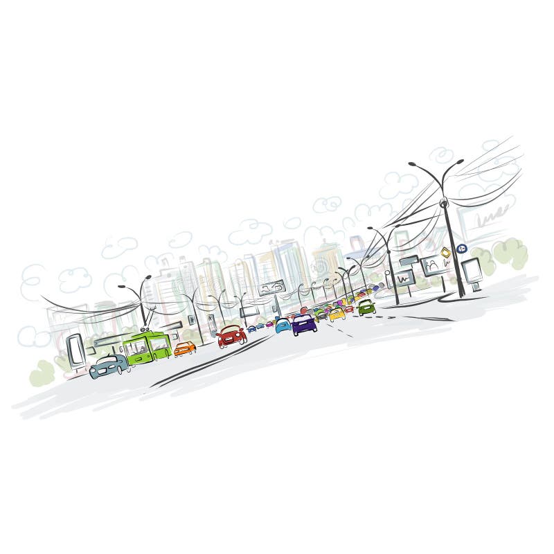 Sketch of traffic road in city for your design stock illustration
