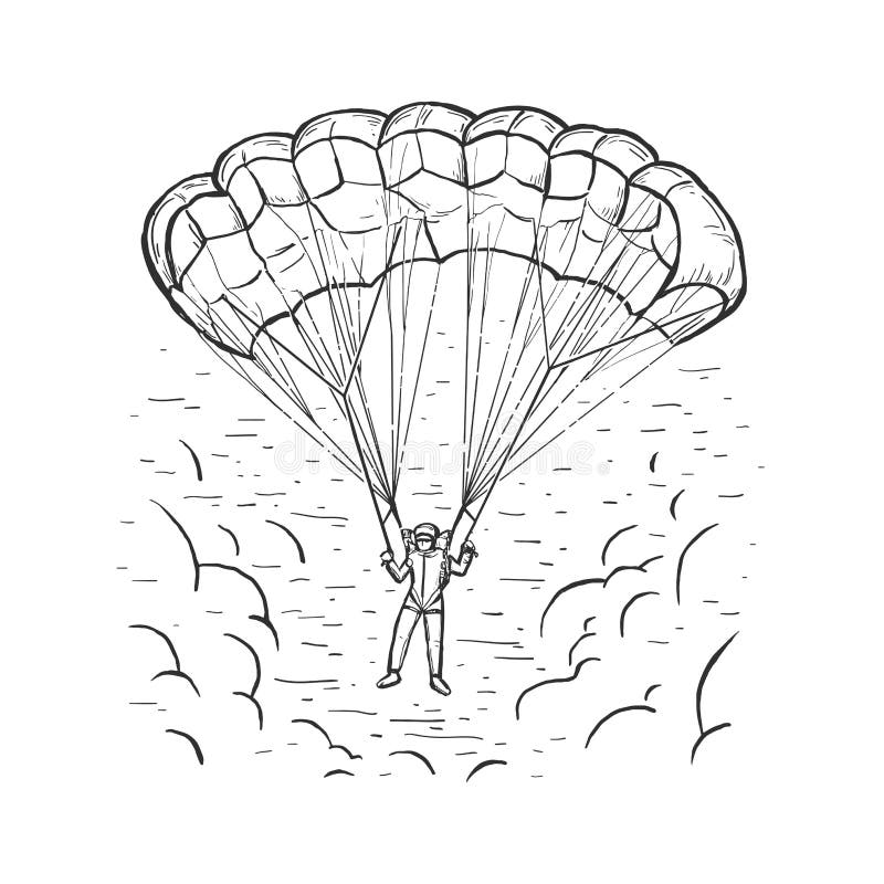 Sketch Vector Color Illustration With Hand Drawn Skydiver Flying With A