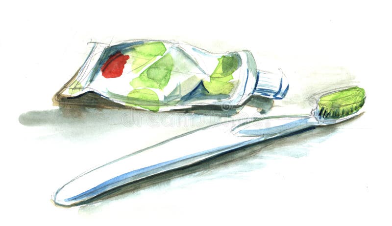 Sketch of White green toothbrush and tube of toothpaste. True w