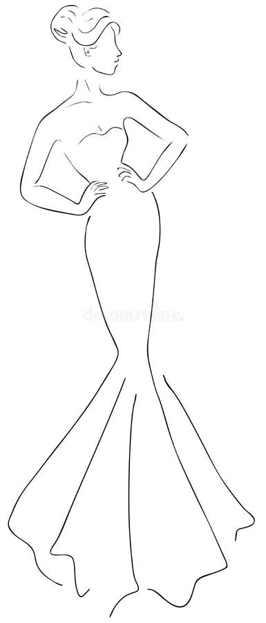 Fashion Sketch Woman Model in Glamour Blue Dress Stock Vector ...