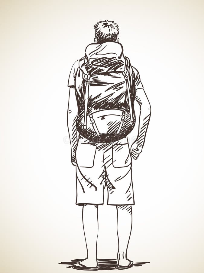 Sketch of young man standing with backpack, Hand drawn illustration