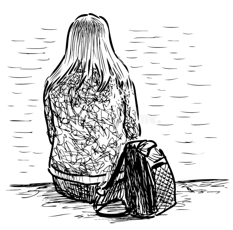 sad girl sitting alone drawing