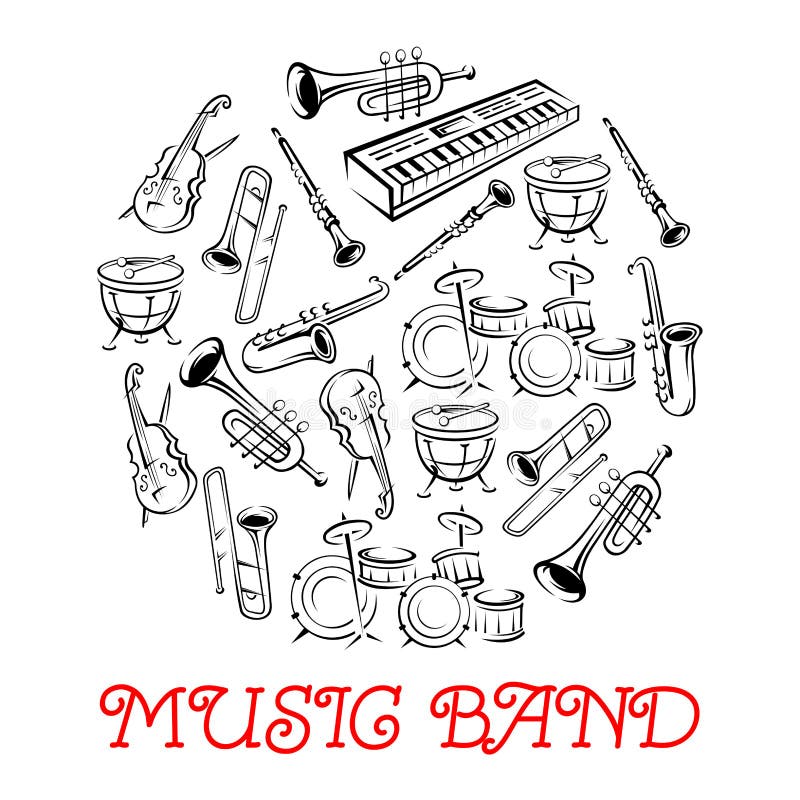 Sketched sound instruments or equipment for musical band. Synthesizer and violin with bow or fiddlestick, trap set or drum kit, saxophone and trumpet. Woodwind, string, brass, percussion used in jazz, rock, pop, disco. Sketched sound instruments or equipment for musical band. Synthesizer and violin with bow or fiddlestick, trap set or drum kit, saxophone and trumpet. Woodwind, string, brass, percussion used in jazz, rock, pop, disco.