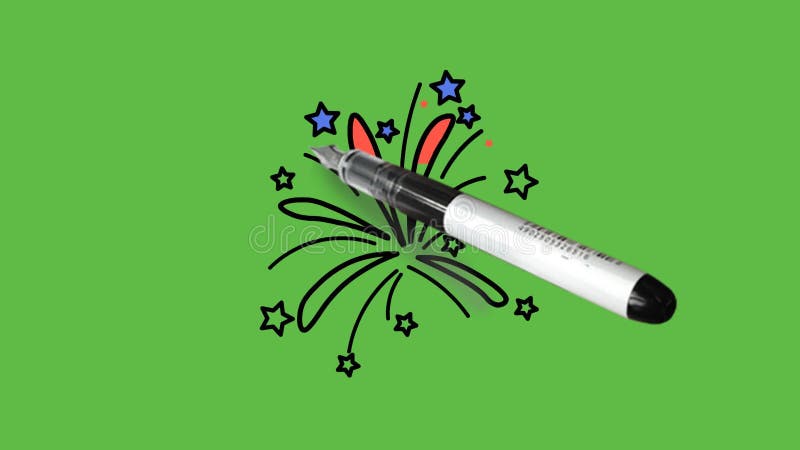 Sketching coloured firework in blue and red colour with black outline on abstract green background vector illustration