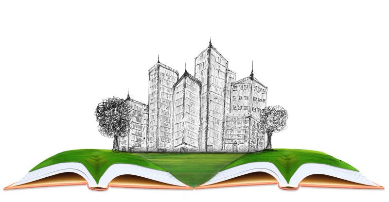 Sketching of modern building on green grass field royalty free stock photo