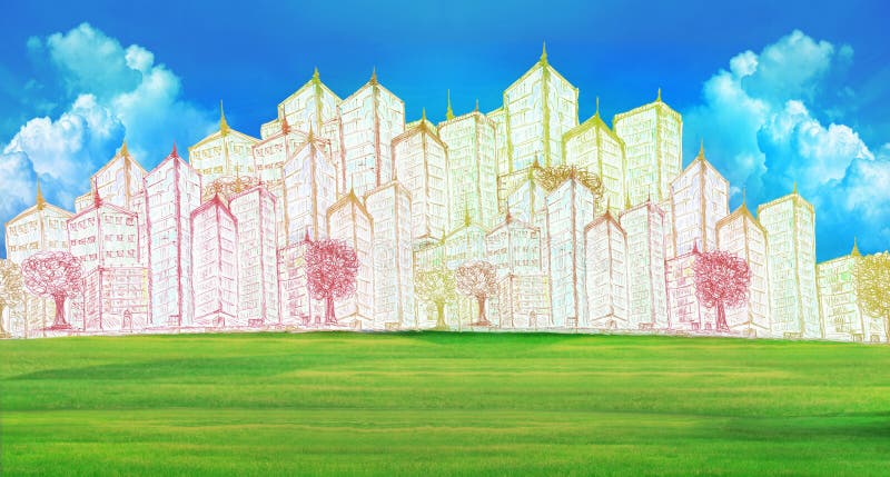 Sketching of modern building on green grass field stock illustration