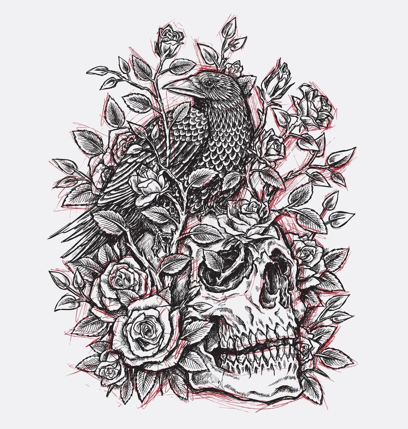 Sketchy Crow, Roses and Skull Tattoo Design Linework Stock Vector -  Illustration of creepy, crow: 78234026