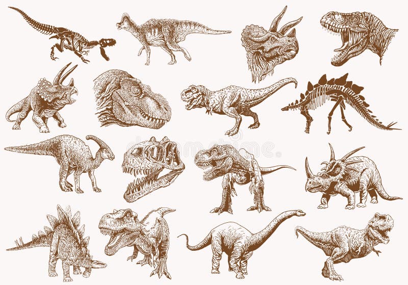 Graphical set of dinosaurs, sepia vector illustration