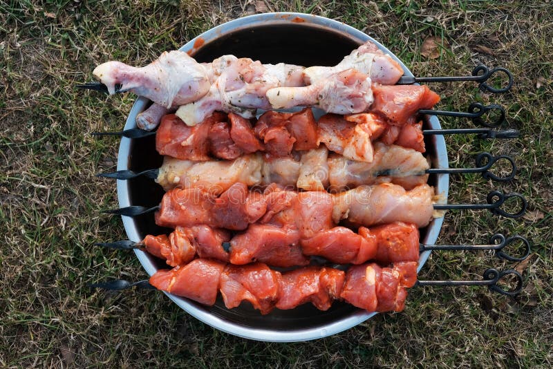Skevare för obehandlat griskött och höntlås i bitar. Kött från grillskevare. utomhusmatning på en picknick. översta vyn