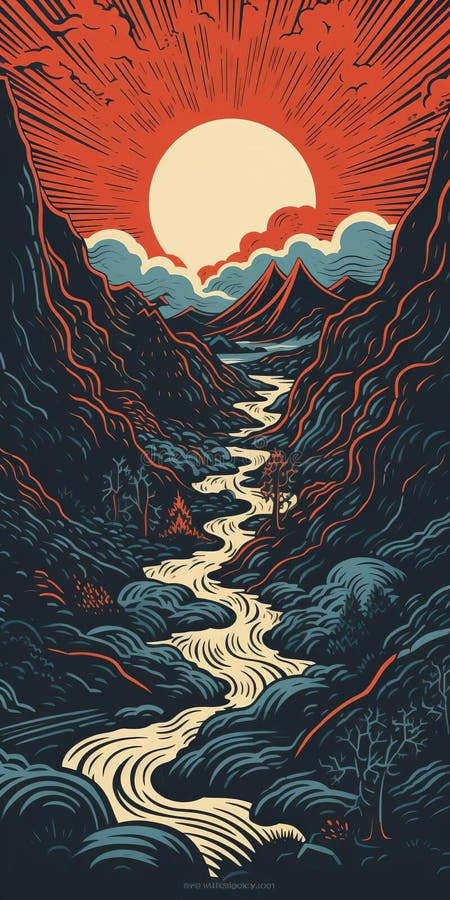 Skevinnelandskapets illustration i vektor för vintage linocut-stil vektor illustrationer