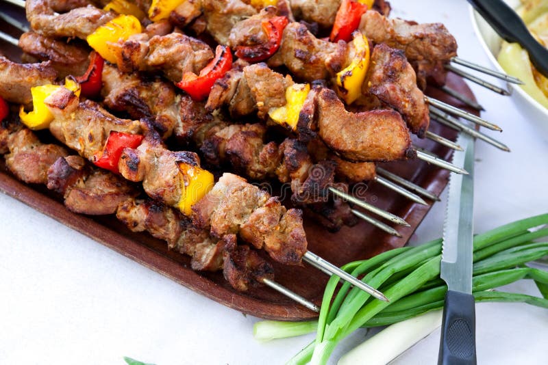 Skewer Big Plate with Grilled,mixed Meat and Veg Stock Photo Image