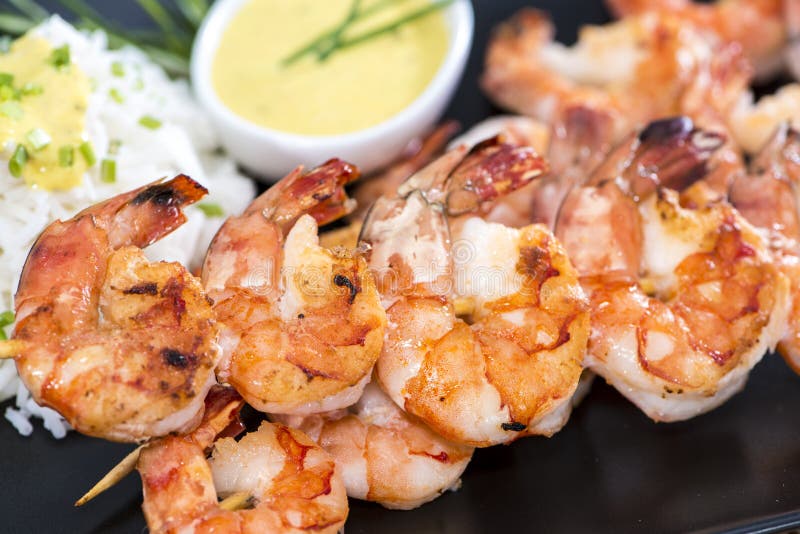 Skewered Prawns with Rice stock photos