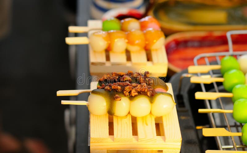 Skewered Rice Cake Balls with Toppings royalty free stock photo