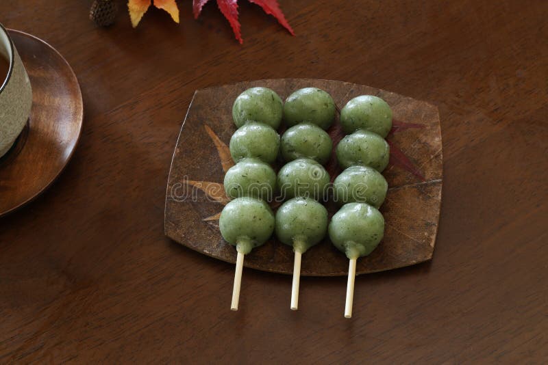 Skewered rice-flour dumplings mixed with mugwort royalty free stock photo