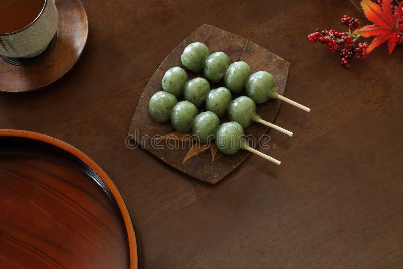Skewered rice-flour dumplings mixed with mugwort royalty free stock photos