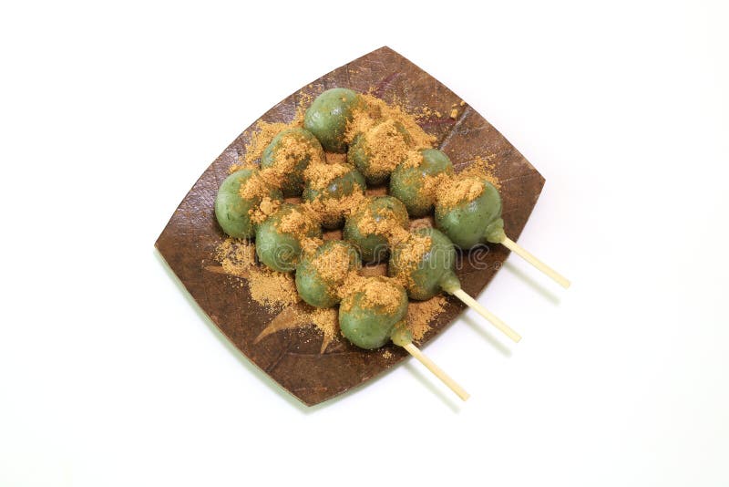 Skewered rice-flour dumplings mixed with mugwort stock photo
