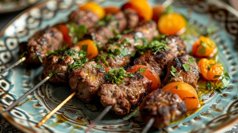 Skewers of meat and veggies on a plate royalty free stock photos