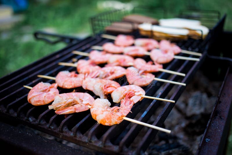 Skewers of Shrimp Langoustine on the Grill Stock Photo - Image of ...