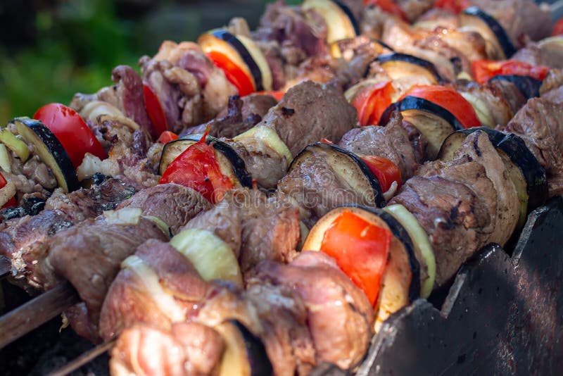 Shashlik or shashlyk (meaning skewered meat) was originally made of lamb.  Nowadays it is also made of pork or beef depending on local preferences and  Stock Photo - Alamy